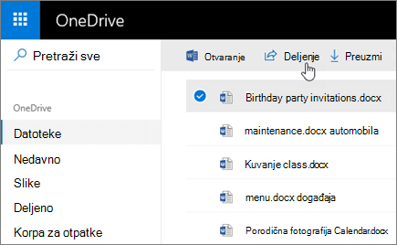 Snimak ekrana izabrane datoteke i dugmeta „Deli“ u usluzi OneDrive.