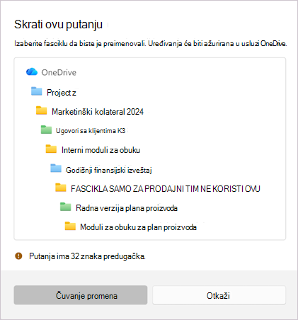 Snimak ekrana koji prikazuje poruku za skraćivanje izabranog imena datoteke.