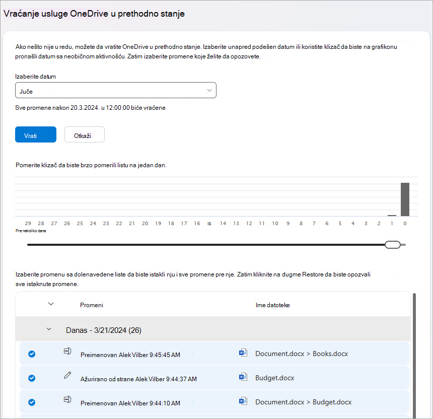 Vraćanje OneDrive aktivnosti datoteka u prethodno stanje.