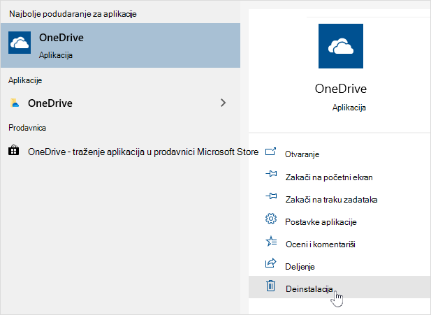 Deinstaliranje OneDrive aplikacije iz prodavnice