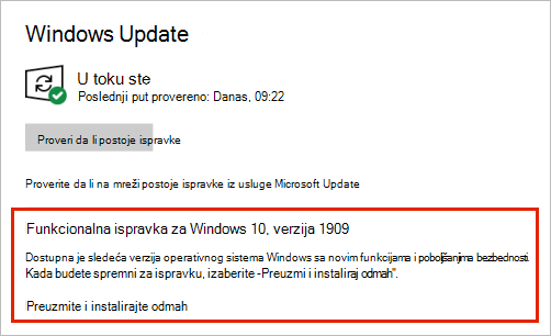Windows Update prikazuje položaj ispravke funkcije