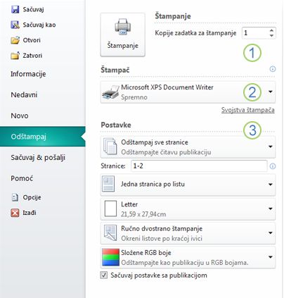 Postavke štampanja u programu Publisher 2010