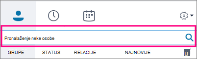 Kada je polje za pretragu programa Skype za posao prazno, dostupne kartice su „Grupe“, „Status“, „Relacije“ i „Novo“.