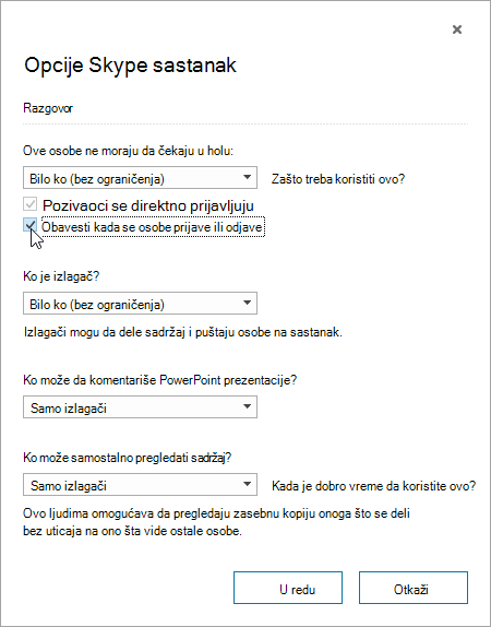 Meeting options dialog with announce when people enter or leave highlighted