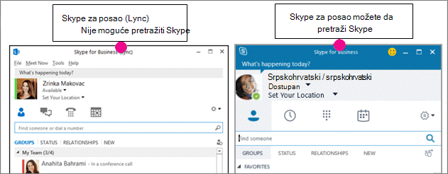 Naporedno poređenje Skype za posao stranice kontakata i stranice Skype za posao (Lync)