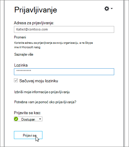 Snimak ekrana koji prikazuje gde se unosi lozinka na ekranu za prijavljivanje u Skype za posao.