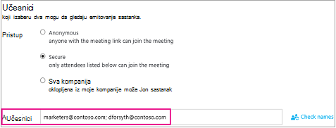 Attendee section of meeting invitation with names in the Attendee field