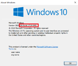 Slika dijaloga verzije Windows 10