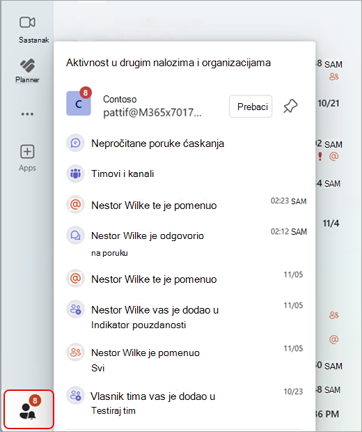 Snimak ekrana koji prikazuje aktivnost usluge Teams na više naloga i organizacija.
