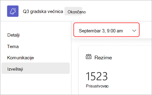 Snimak ekrana koji ističe korisnički interfejs prikaza izveštaja korporativnog skupa za drugi datum
