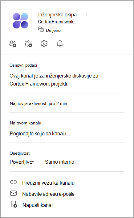 Snimak ekrana kartice kanala. Postavite pokazivač na ime kanala da biste prikazali njegovu karticu kanala.