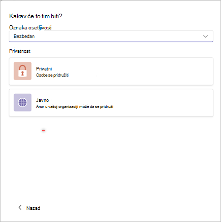 Snimak ekrana prozora za kreiranje novog tima u usluzi Microsoft Teams sa opcijama da postavite osetljivost na 