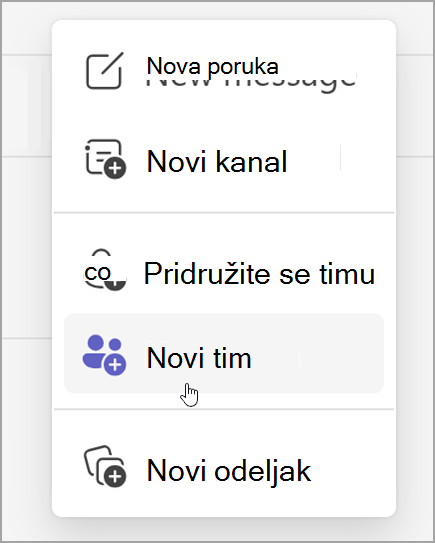 Snimak ekrana opcije za kreiranje novog tima. Otkriva se nakon izbora opcije 