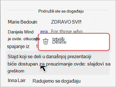 Snimak ekrana koji prikazuje kako da izbrišete poruku iz ćaskanja na korporativnom skupu.