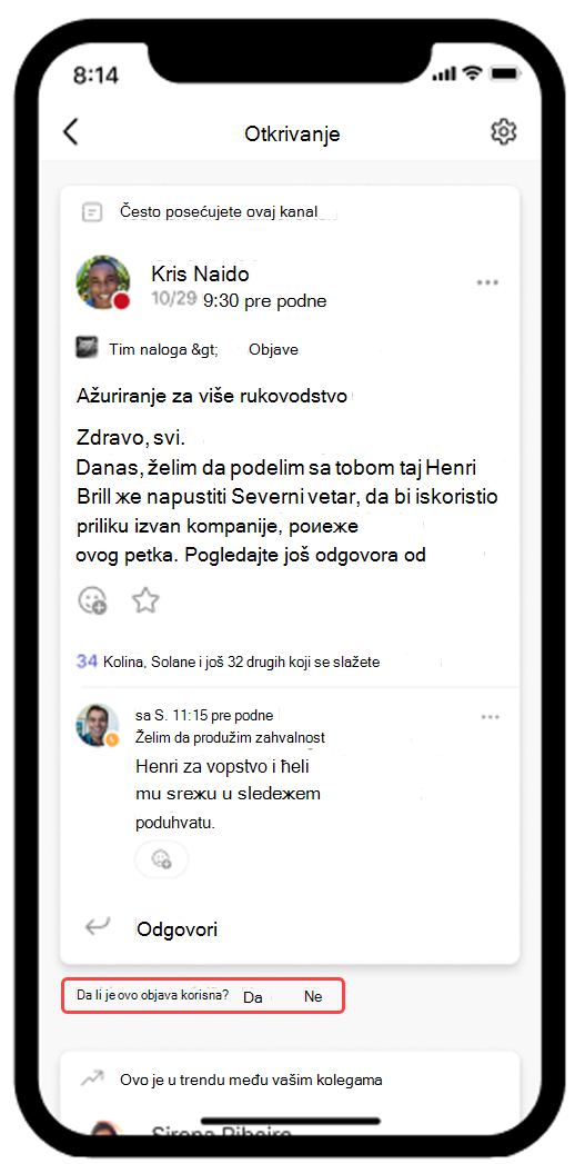 Snimak ekrana koji prikazuje Teams Discover feed otvoren u mobilnom uređaju