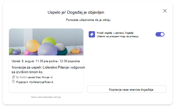 Snimak ekrana poruke o potvrdi nakon objavljivanja Teams događaja