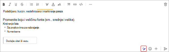 Snimak ekrana koji prikazuje opcije za oblikovanje poruke ćaskanja