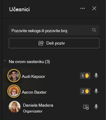 Slika koja prikazuje učesnike sa leve strane ekrana sa ikonama za podizanje ruke.
