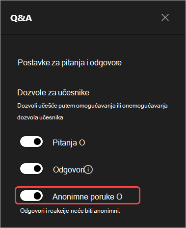 Snimak ekrana koji ističe korisnički interfejs za skrivanje imena učesnika u&odgovorima