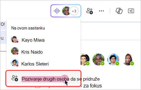 Snimak ekrana koji prikazuje kako se zvoni drugima sa indikatora uživo u trenutnom sastanku grupnog ćaskanja.
