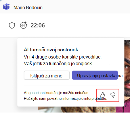Snimak ekrana koji ističe dugmad za povratne informacije prevodilca.