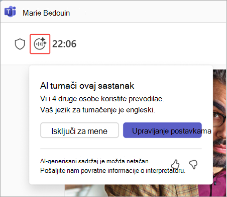 Snimak ekrana koji ističe indikator tumača na sastanku u usluzi Microsoft Teams.