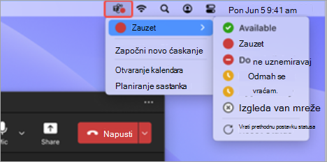 Snimak ekrana koji prikazuje izabranu ikonu aplikacije Teams na traci sa menijima za Mac, sa dostupnim radnjama sa brzim pristupom.