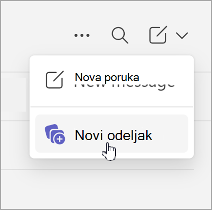 Snimak ekrana opcije nove poruke i novog odeljka koji se pojavljuje nakon izbora novih stavki u odvojenom prikazu ćaskanja.