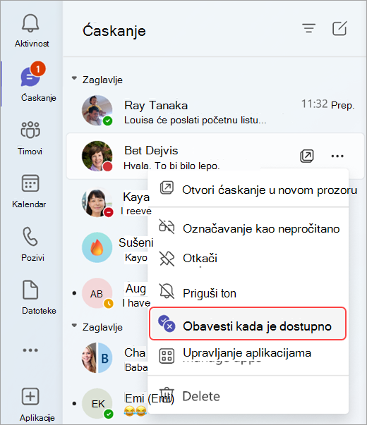 Snimak ekrana koji prikazuje kako da primite obaveštenje kada se status neke osobe promeni iz ćaskanja.