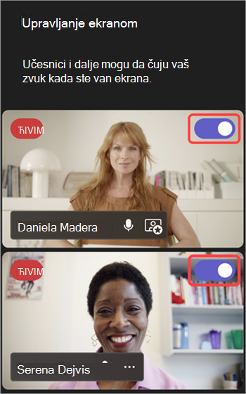Snimak ekrana koji ističe preklopnik koji dovodi osobe na ekran i sa njega.