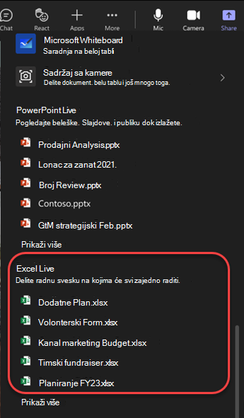 Snimak ekrana opcija deljenja koje ističu Excel datoteke na Teams sastanku.