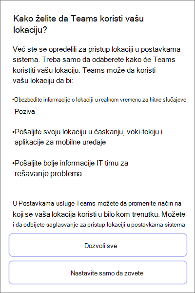 Timovi ; saglasnost za otkrivanje lokacije mobilni uređaji