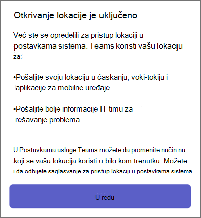 Teams otkrivanje lokacije na mobilnom uređaju