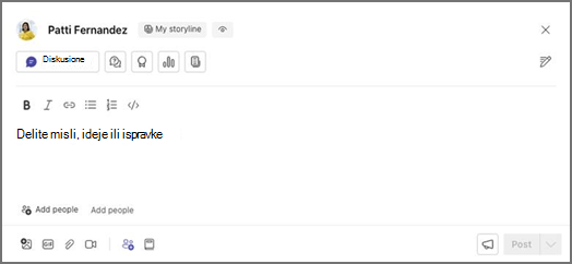Text input box labeled My storyline and a Discussion button, formatting options, and placeholders for sharing, add people and anding.