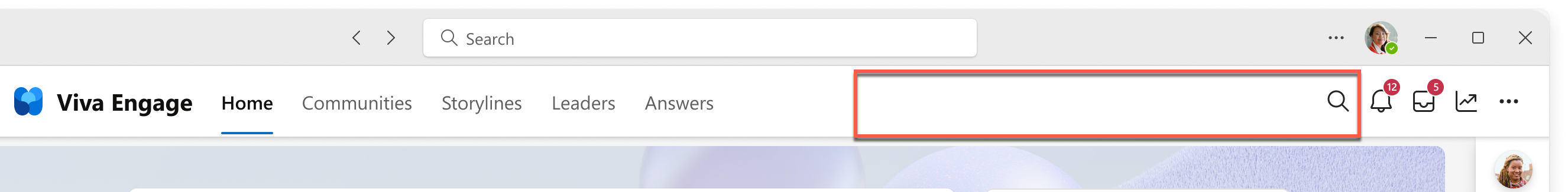 Snimak ekrana trake za pretragu usluge Viva Engage