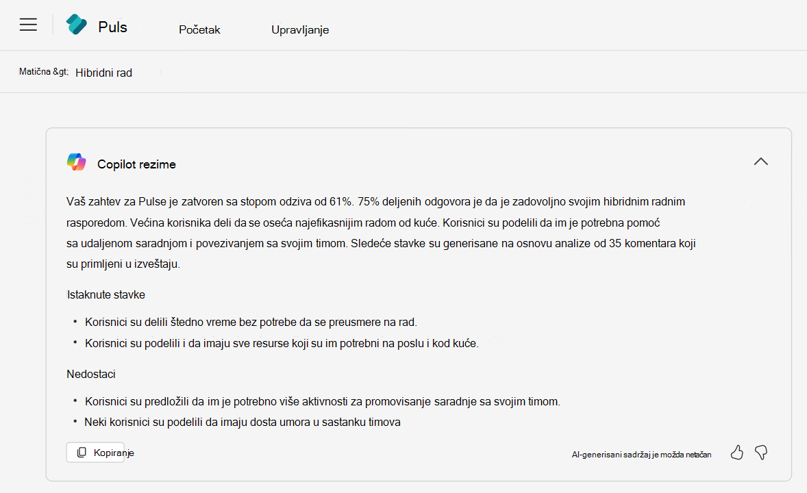 Copilot je generisan rezime za Viva Pulse izveštaj