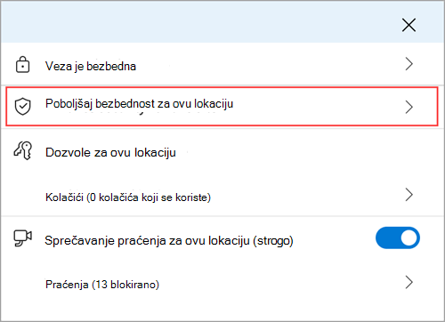 Meni sa informacijama o Microsoft Edge sajtu koji prikazuje funkciju 