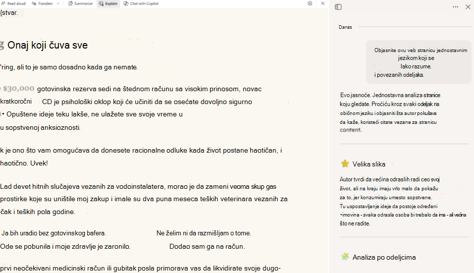 Snimak ekrana funkcije readingmode-copilot.