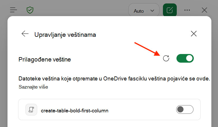 Snimak ekrana dijaloga funkcije Copilot u programu Excel za prilagođene veštine sa istaknutim dugmetom 