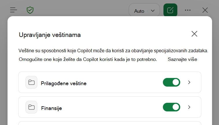 Snimak ekrana funkcije Copilot u dijalogu 