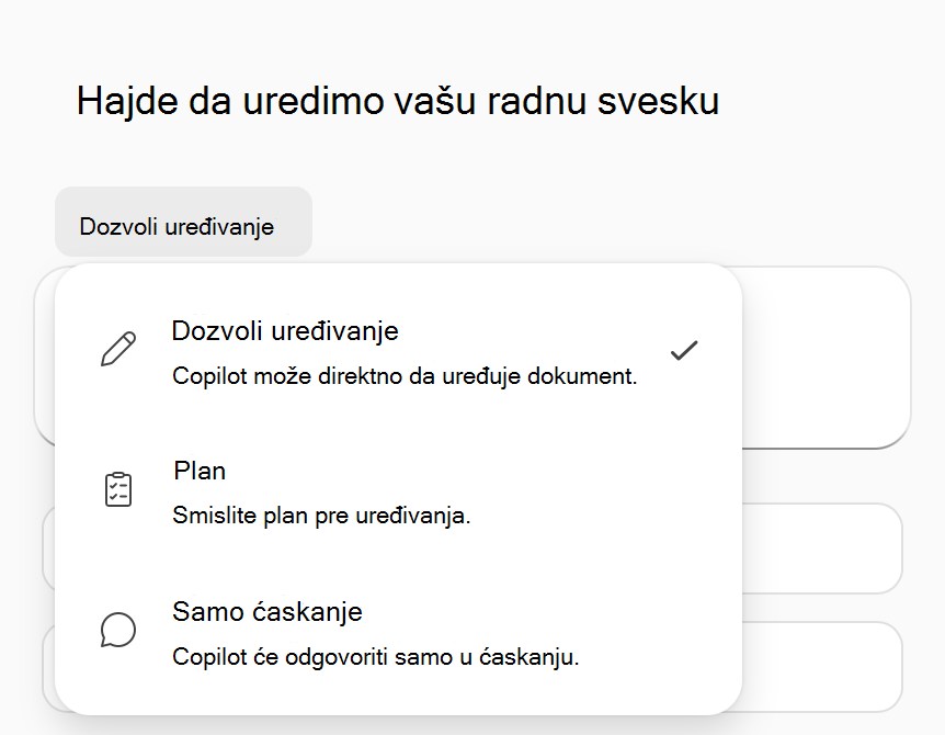Snimak ekrana usluge Copilot u meniju sa opcijama Excel režima.