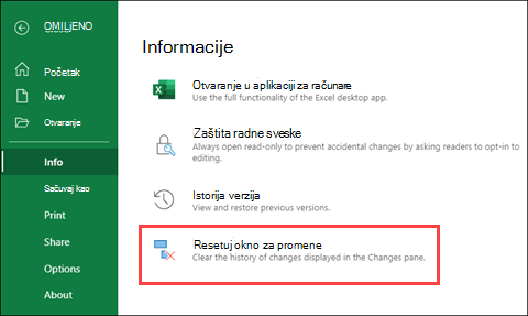 Poništi promene u usluzi Excel za veb