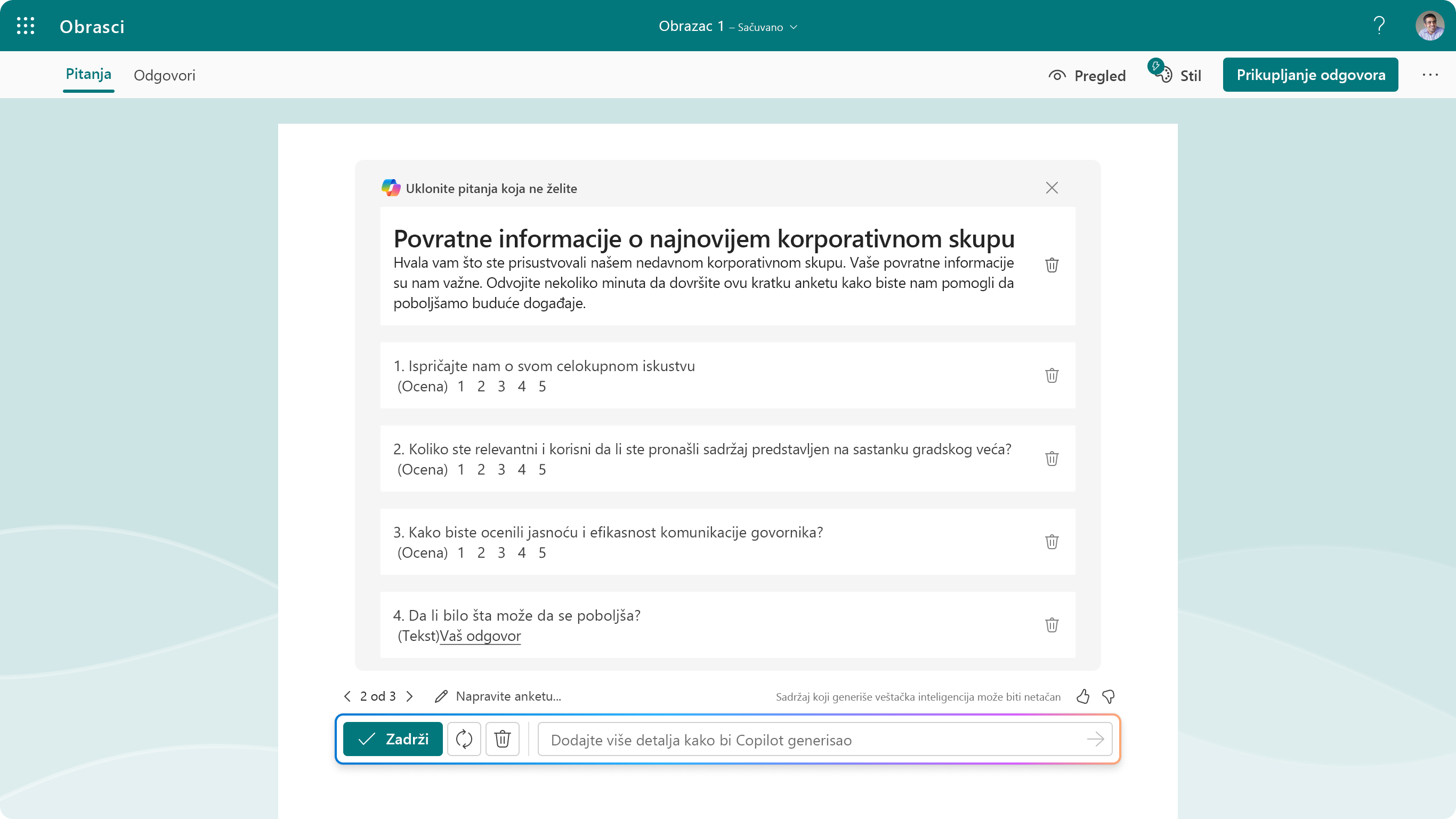 Snimak ekrana koji prikazuje predložena pitanja za funkciju Copilot u usluzi Forms