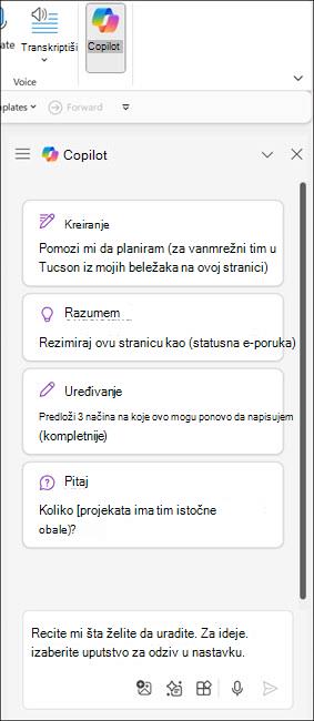 Snimak ekrana Copilot okna u programu OneNote