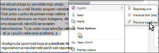 Neki tekst je izabran u programu OneNote. Prikazan je kontekstualni meni, sa izabranom funkcijom Copilot i izabranom stavkom 