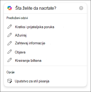 Opcije za dužinu i ton koje se mogu odabrati pri izradi radnih verzija e-pošte u programu Outlook uz pomoć usluge Copilot