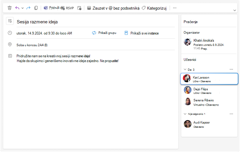Slika prikazuje okno za praćenje sastanaka gde možete videti sve odgovore za svakog pozvanog kao i nove dodatne informacije o tome da li će svaki učesnik učestvovati lično ili virtuelno.