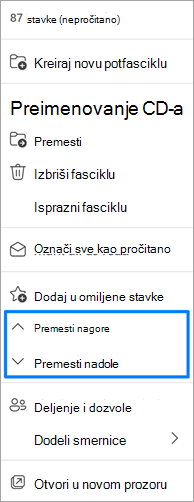 Snimak ekrana opcije premeštanja fascikli