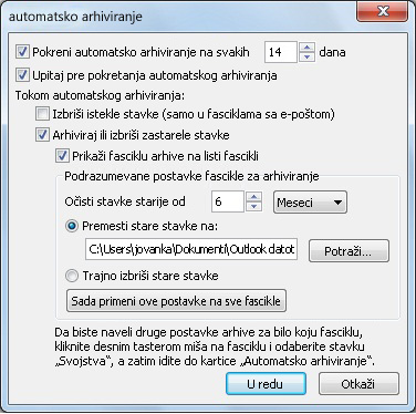 AutoArchive settings dialog box