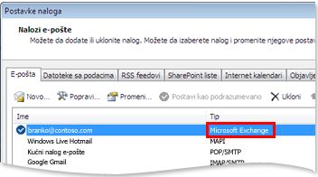 Primer Exchange naloga u dijalogu „Postavke naloga“